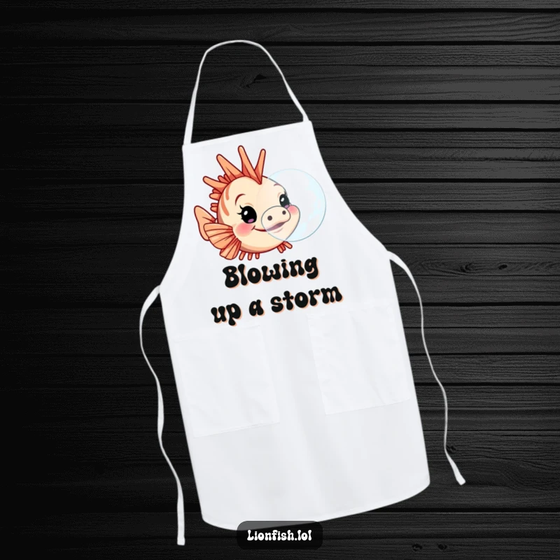 Funny lionfish apron, showing a determined character blowing a large bubble, offering humorous protection for chefs and kitchen enthusiasts.