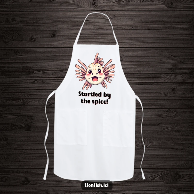 Funny lionfish apron showing a startled lionfish with fins spread wide, ready to add shock and humor to meal prep.