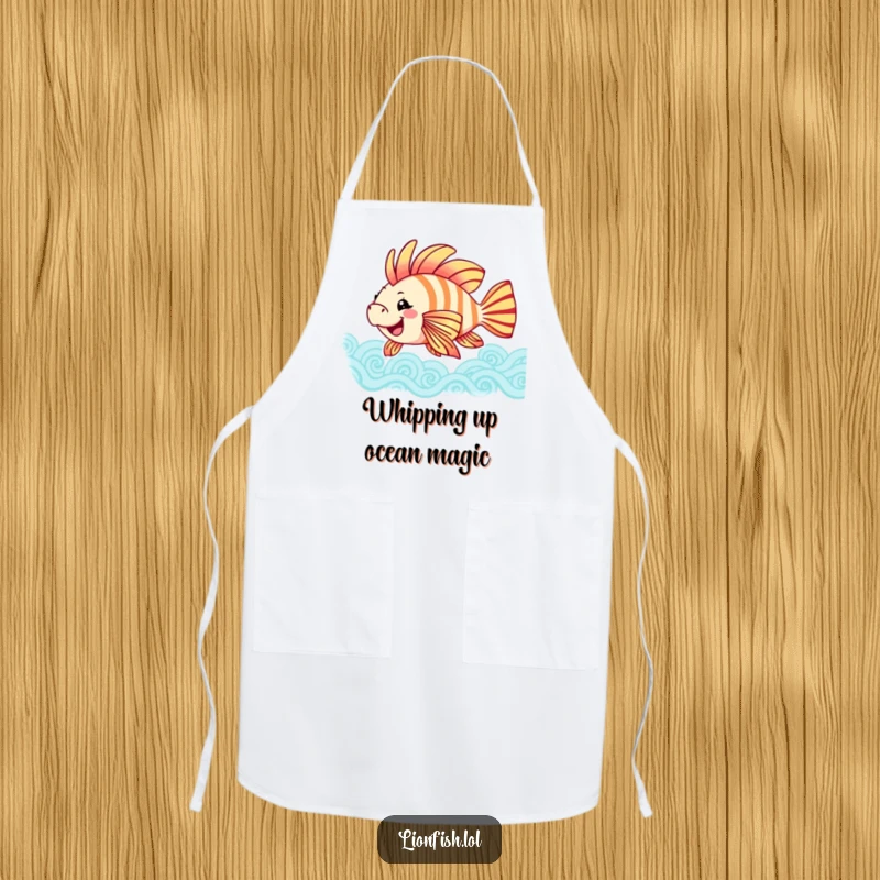 Funny joyful lionfish apron, featuring a happy fish swaying colorful fins in patterned waves, ideal for adding cheer to cooking.