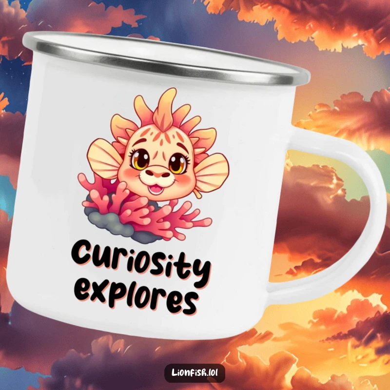 Funny curious lionfish camping mug, showing wide eyes peeking from behind coral, perfect for hot drinks during outdoor excursions.