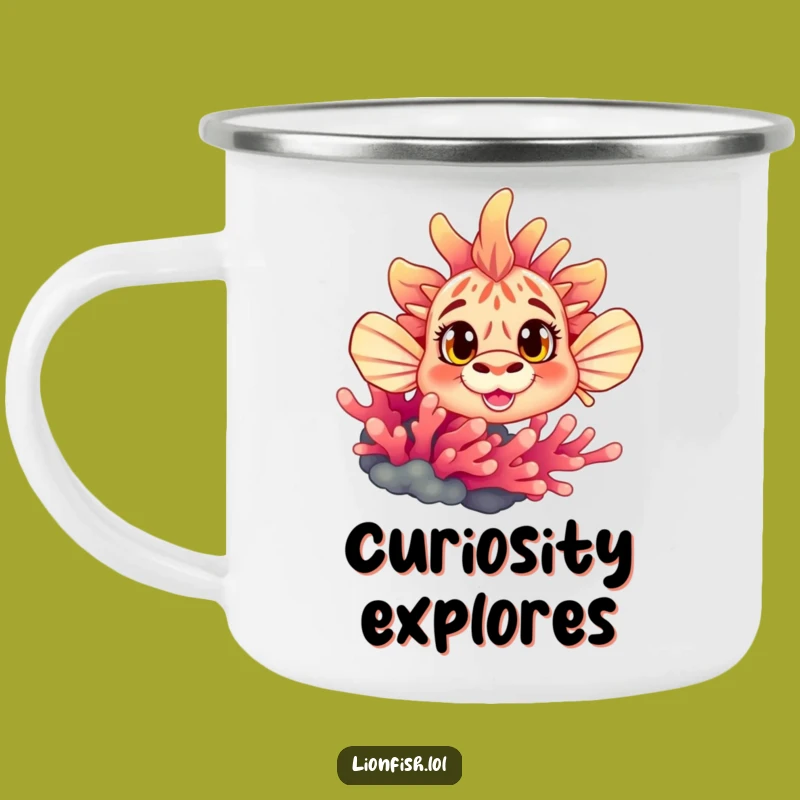 Funny Curious Lionfish Camping Mug: Curious Adventures, Humorous Gift Outdoors