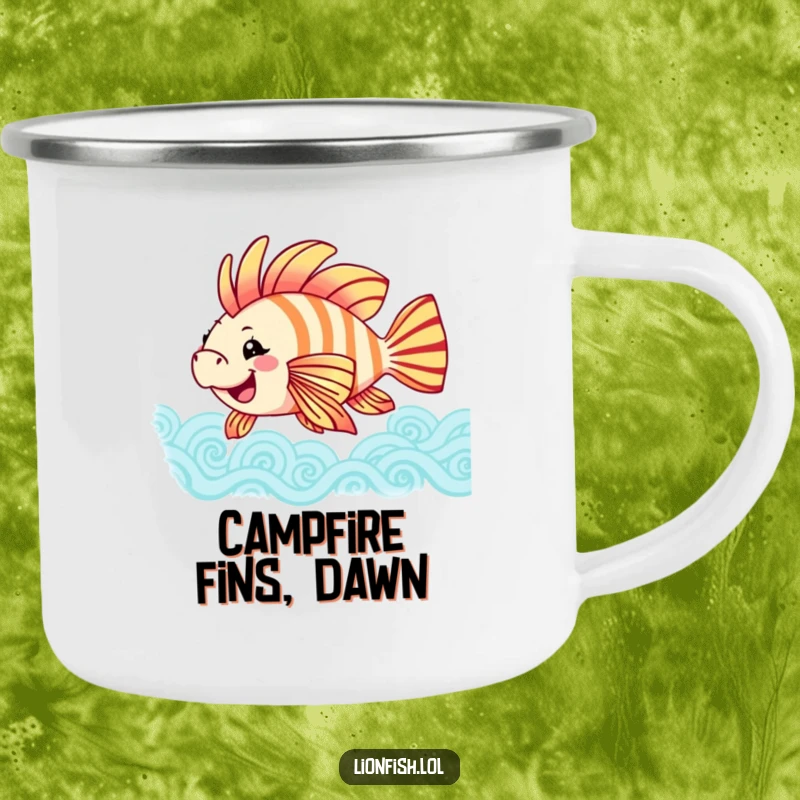 Funny joyful lionfish camping mug, rugged design with a happy fish swaying colorful fins in patterned waves, for outdoor enjoyment.