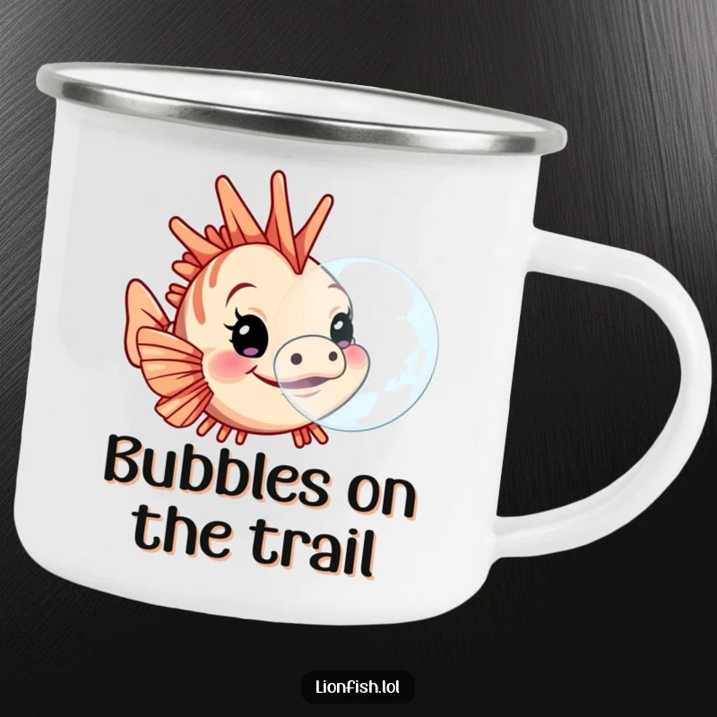 Funny lionfish camping mug, showing a determined character blowing a large bubble, perfect for hot drinks during outdoor excursions.