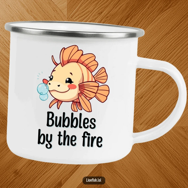 Funny playful lionfish camping mug, rugged design with a fish nudging a sparkling bubble, for fun outdoor moments.