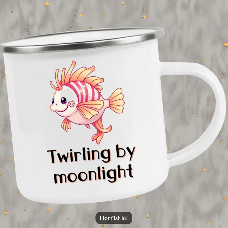Funny lionfish camping mug showing a shimmering lionfish mid-twirl, designed for rugged outdoor use with a touch of class.