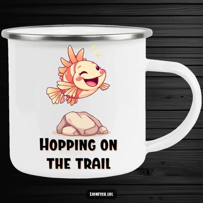 Funny hopping lionfish camping mug, showing a joyful character leaping over a rock with a sparkle, perfect for hot drinks outdoors.