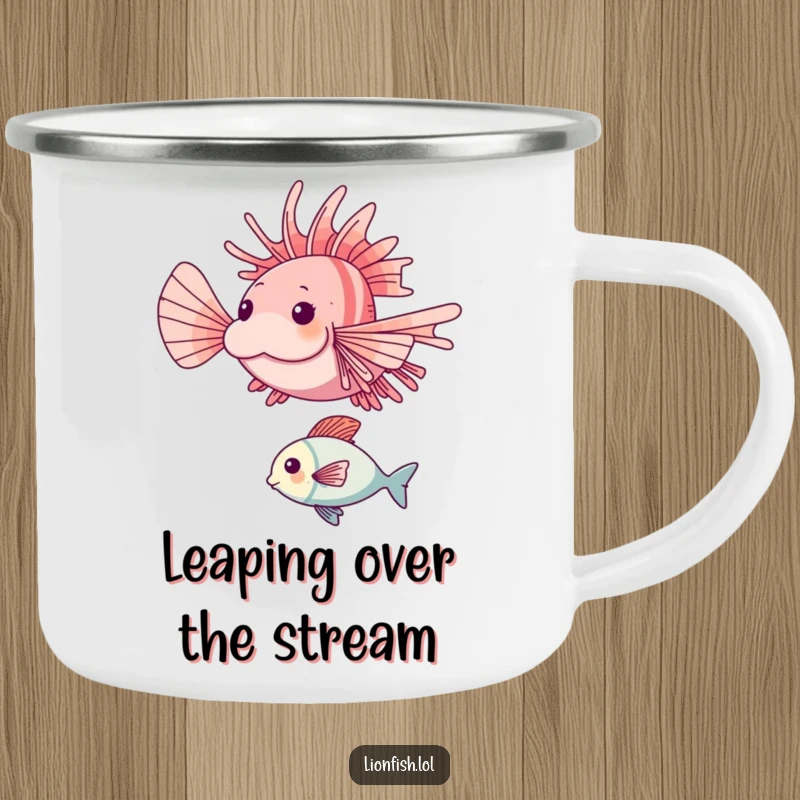 Funny lionfish camping mug showing a happy lionfish mid-leap over a smaller fish, designed for rugged outdoor use with dynamic fun.