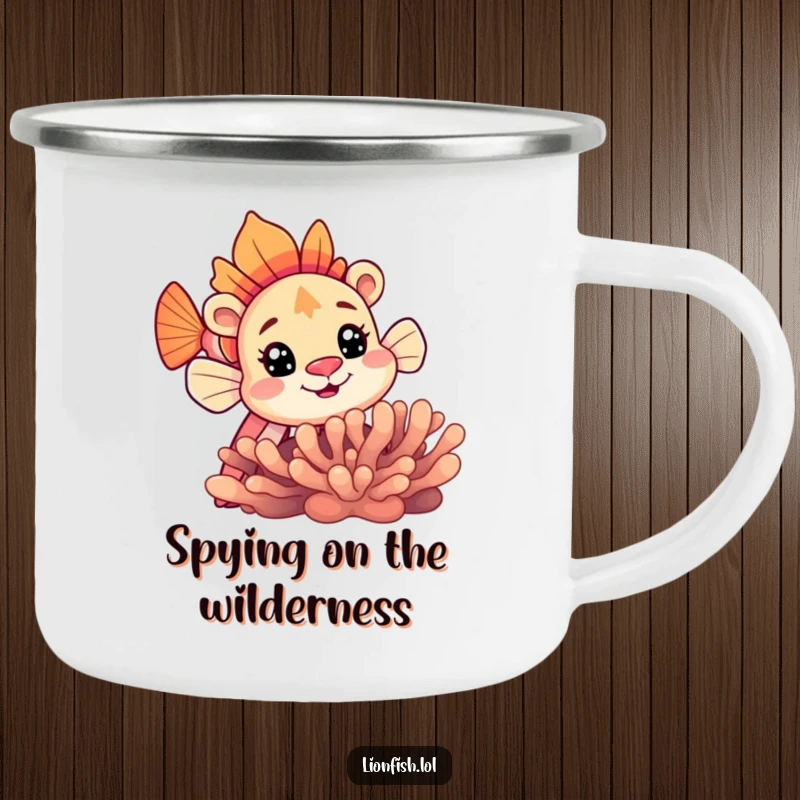 Funny lionfish camping mug showing a curious lionfish peeking from behind coral, ready for any outdoor adventure.