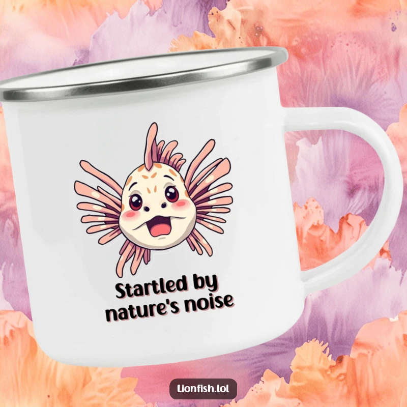 Funny lionfish camping mug showing a startled lionfish with fins spread wide, designed for rugged outdoor use with amusing shock.