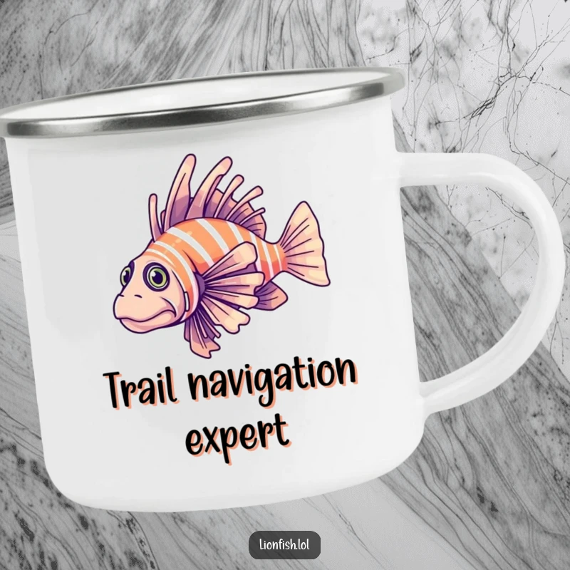 Funny determined lionfish camping mug, rugged design with a fish elegantly gliding through clear blue water, for focused exploration.