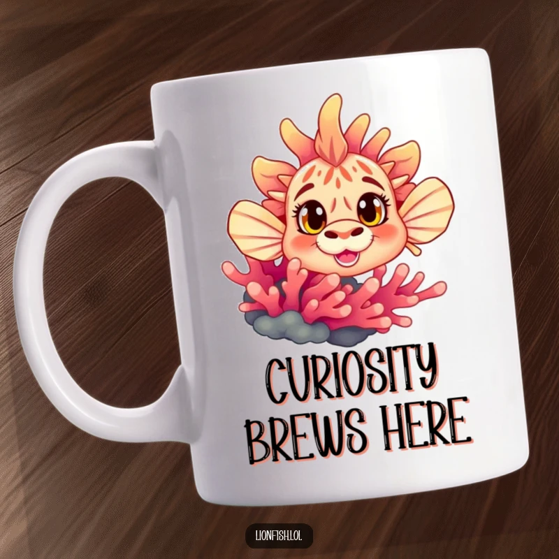 Funny curious lionfish mug, peeking with wide eyes from behind vibrant coral, offering a cute and humorous underwater scene.