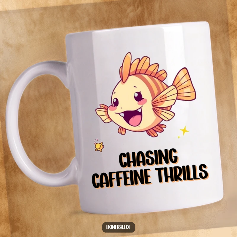 Funny cheerful lionfish mug, excitedly chasing a tiny twinkling speck, radiating pure joy and playful energy in blue water.