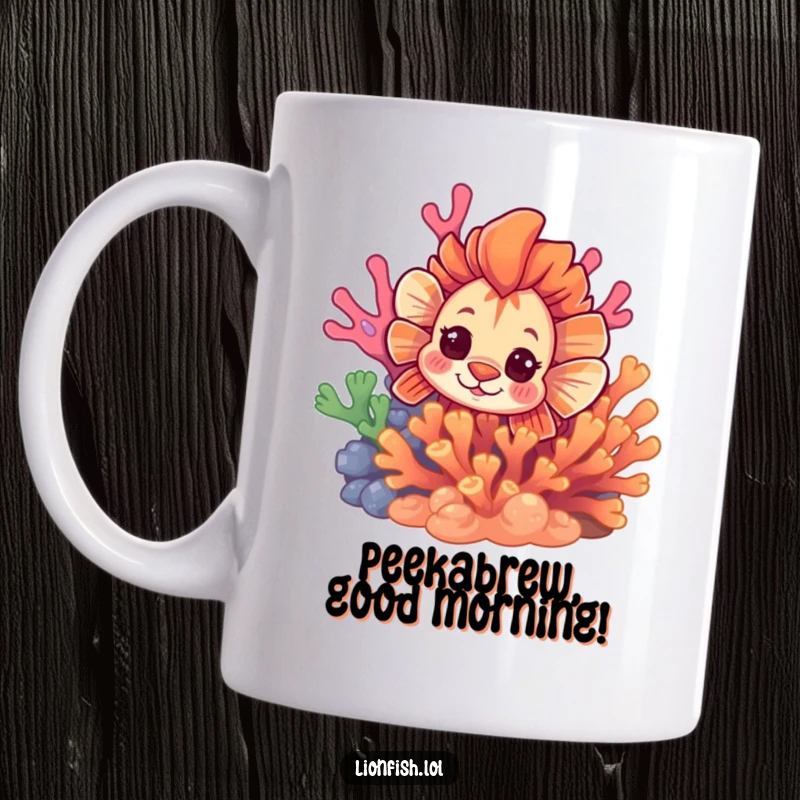 Funny curious lionfish mug, peeking its head from behind vibrant coral, inviting a playful moment and underwater exploration.