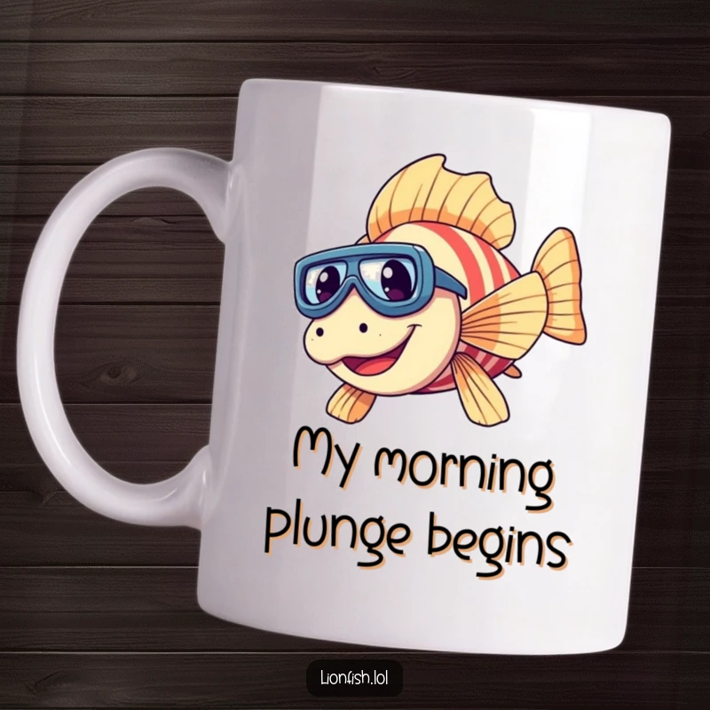 Funny lionfish mug with tiny goggles, giggling as it dives playfully underwater, capturing pure aquatic joy and humor.