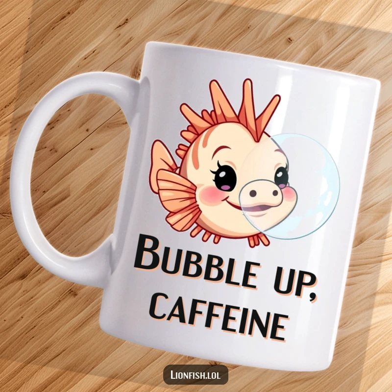 Funny lionfish mug, determinedly blowing a large bubble, showcasing a playful underwater scene perfect for coffee or tea drinkers.