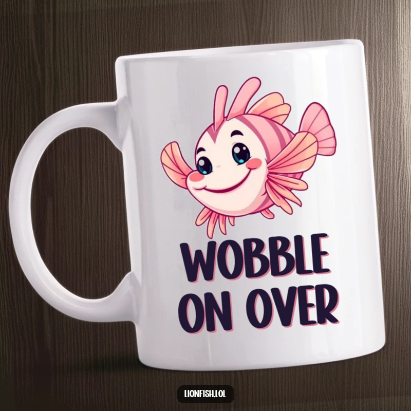 Funny wobbly lionfish mug, with a friendly grin, waving a fin, offering a cute and humorous underwater greeting.