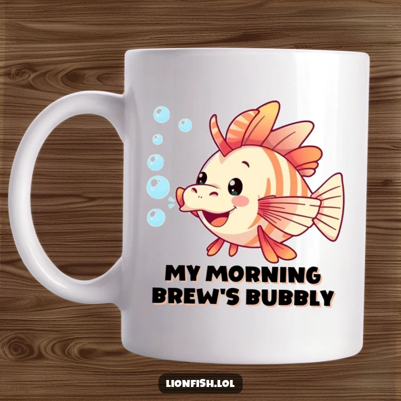 Funny lionfish mug with a playful expression blowing iridescent bubbles underwater, showcasing its spiky fins and happy demeanor.