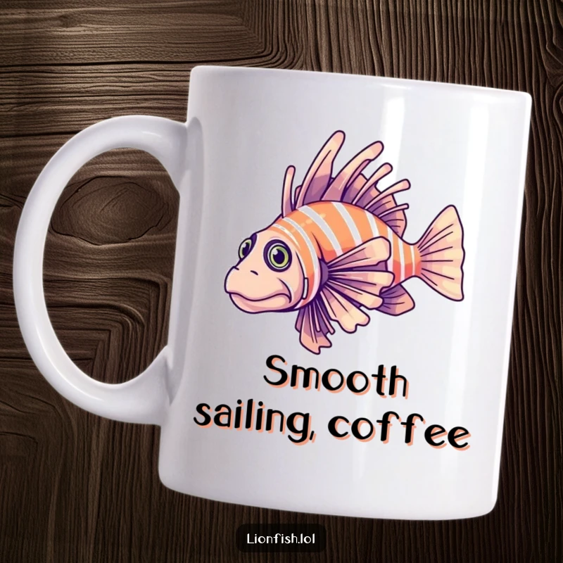 Funny determined lionfish mug, elegantly gliding through clear blue water, showcasing grace and unwavering focus.