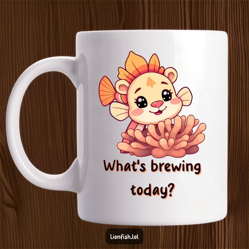 Funny lionfish mug with a curious expression peeking from behind colorful coral structure, showcasing its elegant fins.