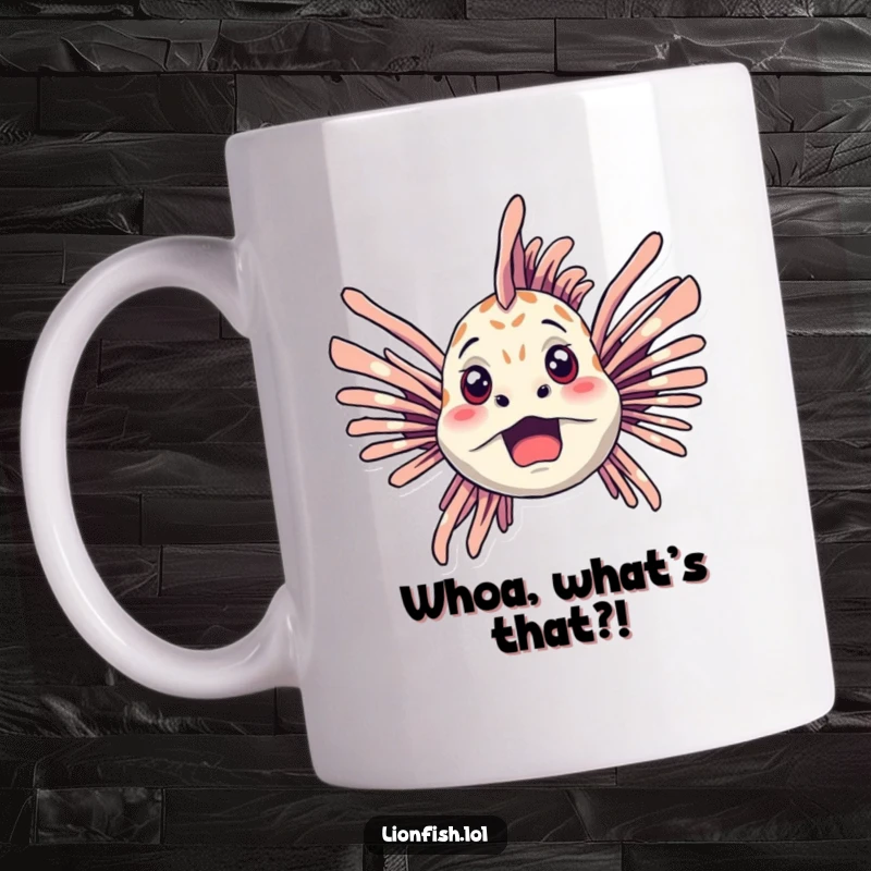 Funny lionfish mug showing a startled lionfish with its spiky fins dramatically spread wide in a moment of surprise.