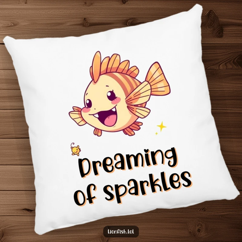 Funny cheerful lionfish pillow, plush comfort with a fish excitedly chasing a tiny twinkling speck, bringing pure joy.