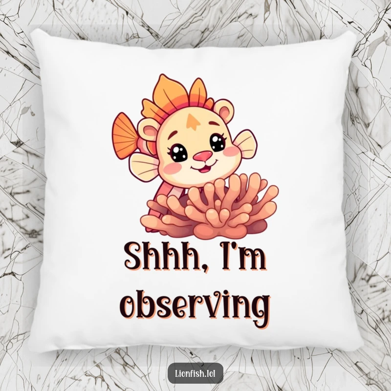 Funny lionfish pillow featuring a curious lionfish peeking out from behind a detailed coral formation, adding cozy humor.