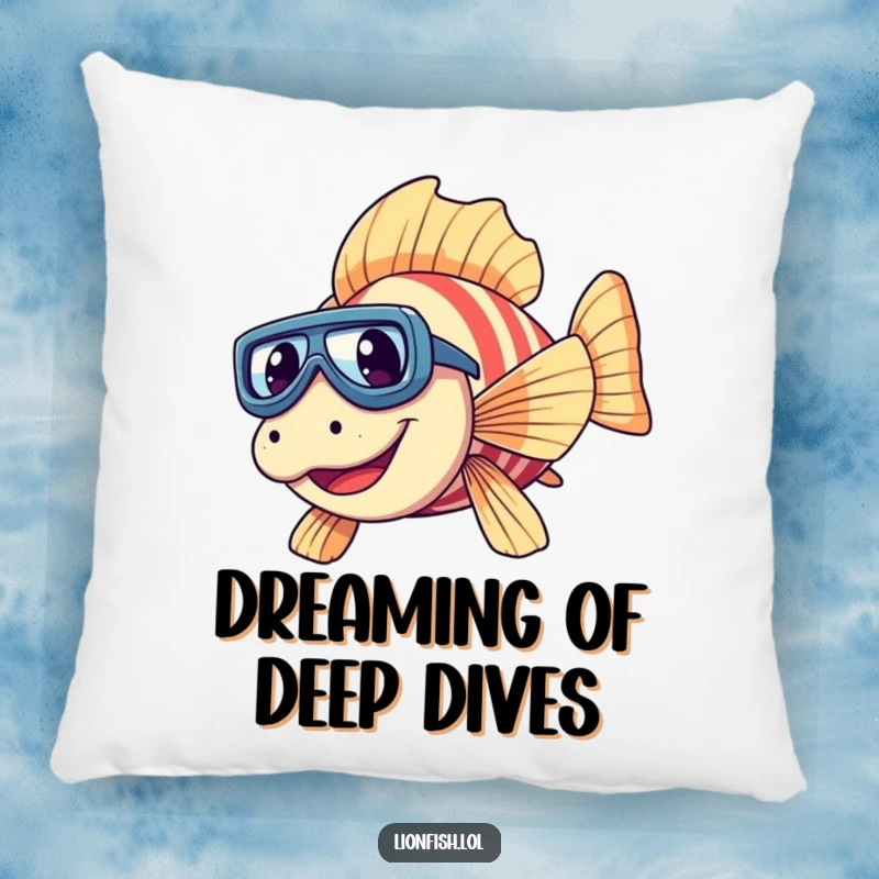 Funny giggling lionfish pillow with tiny goggles, depicted diving with great amusement, offering plush comfort and humor.