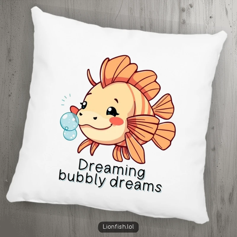 Funny playful lionfish pillow, plush comfort with a fish nudging a sparkling bubble, bringing underwater cheer and lightheartedness.