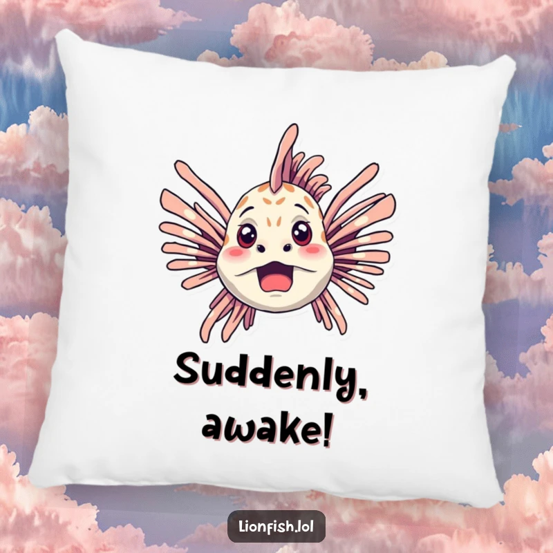 Funny lionfish pillow featuring a startled lionfish with fins spread wide, adding humorous shock to any living space.