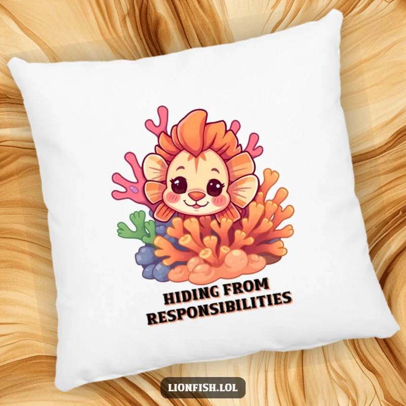 Funny curious lionfish pillow, plush comfort with a fish peeking from vibrant coral, offering a hint of underwater secrets.