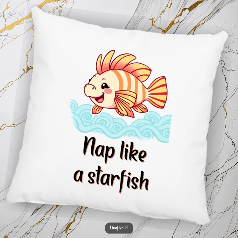 Funny joyful lionfish pillow, plush comfort featuring a happy fish swaying colorful fins in patterned waves, bringing underwater joy.