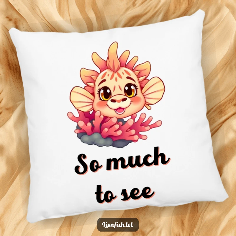 Funny curious lionfish pillow, featuring wide eyes peeking from behind coral, providing soft, humorous comfort with an enchanting underwater theme.
