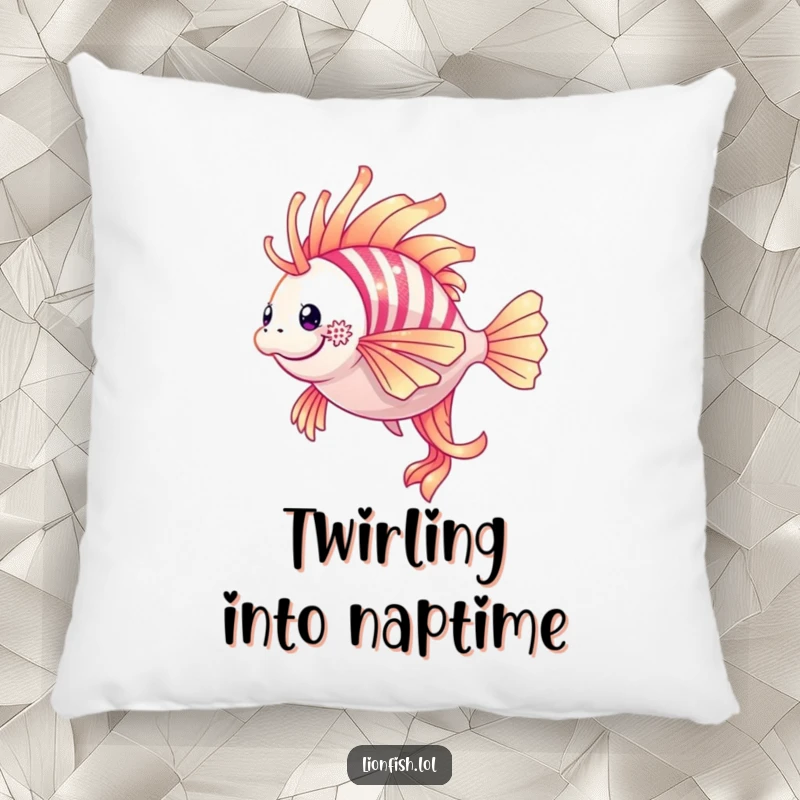Funny lionfish pillow featuring a shimmering lionfish in a graceful twirl, adding elegant humor to any living space.