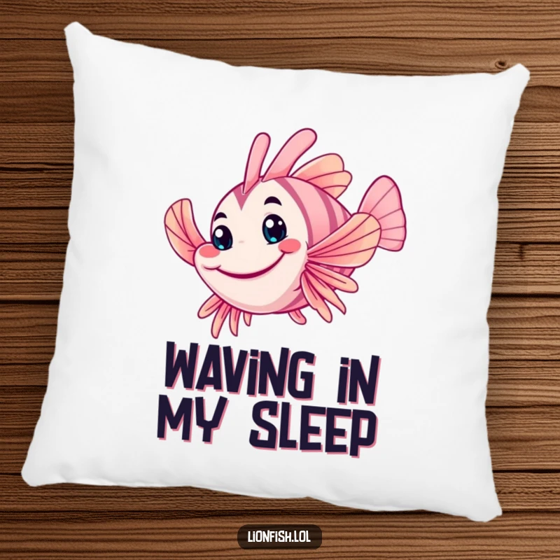 Funny wobbly lionfish pillow, featuring a friendly grin and waving fin, providing soft, humorous comfort with a welcoming underwater theme.
