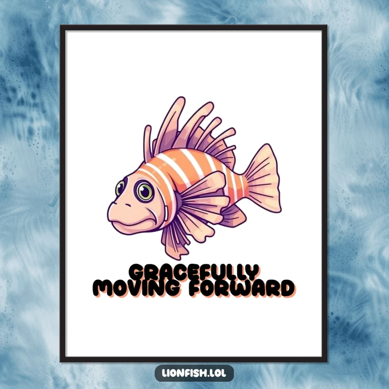 Funny determined lionfish digital art print, elegant underwater scene with a fish gliding through clear blue water, symbolizing focus.
