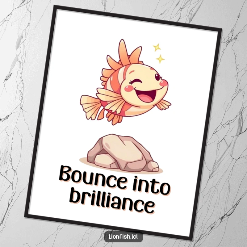 Funny hopping lionfish digital art print, featuring a joyful character leaping over a rock with a sparkle, a humorous and energetic artwork for walls.