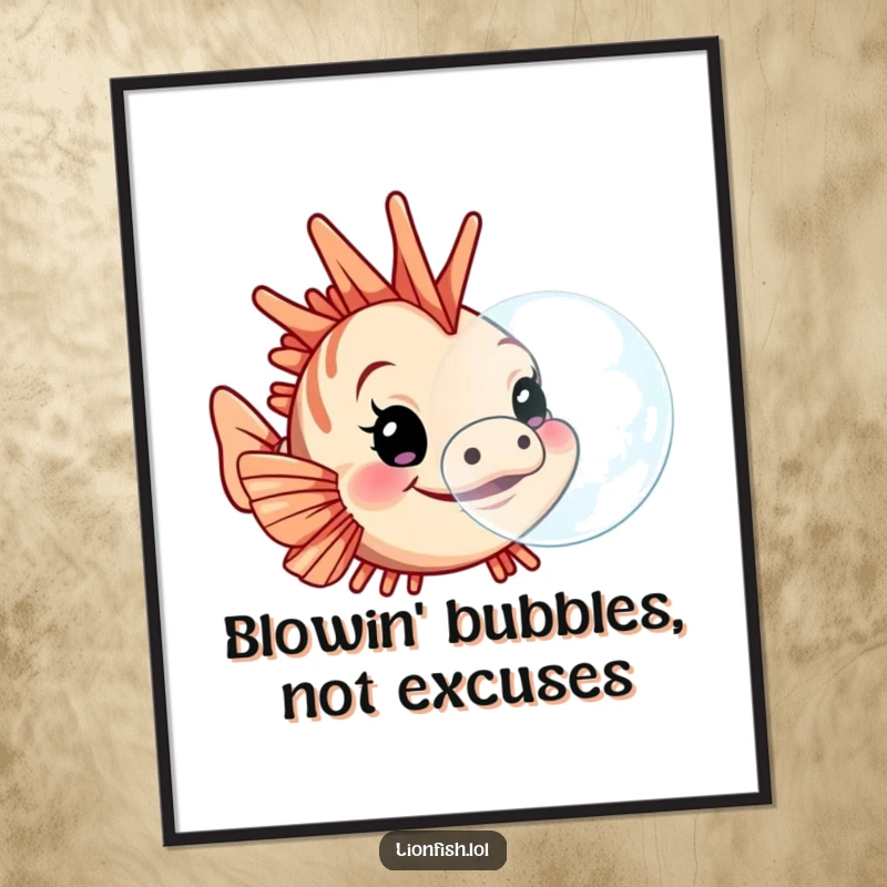 Funny lionfish digital art print, featuring a determined character blowing a large bubble, a humorous and captivating artwork for wall decor.