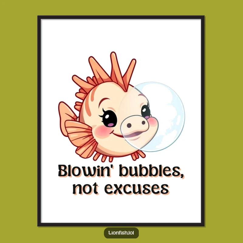 Funny Lionfish Bubble Digital Art: Determined Decor, Humorous Gift for Walls
