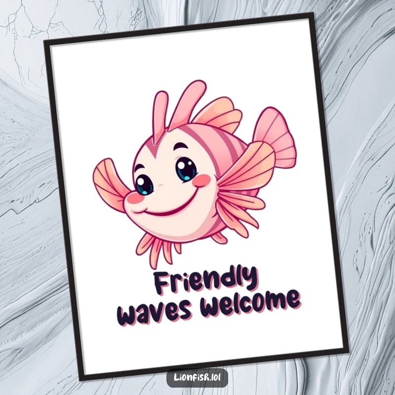 Funny wobbly lionfish digital art print, featuring a friendly grin and waving fin, a humorous and charming artwork for wall decor.