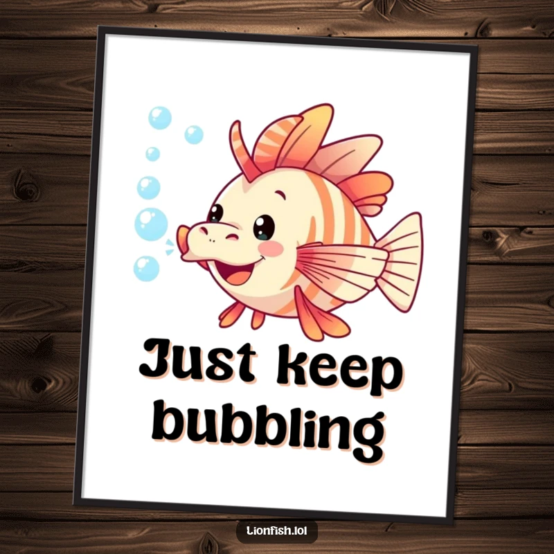 Funny lionfish digital art print of a happy lionfish gleefully exhaling a cloud of bubbles, ready for instant download.