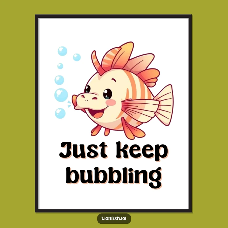 Funny Playful Lionfish Blowing Bubbles Digital Art: Instant Underwater Cheer Print Gift