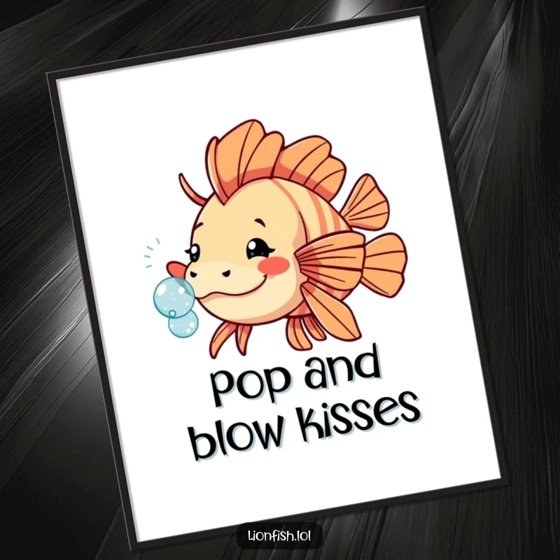 Funny playful lionfish digital art print, vibrant underwater scene with a fish nudging a sparkling bubble, full of whimsy.