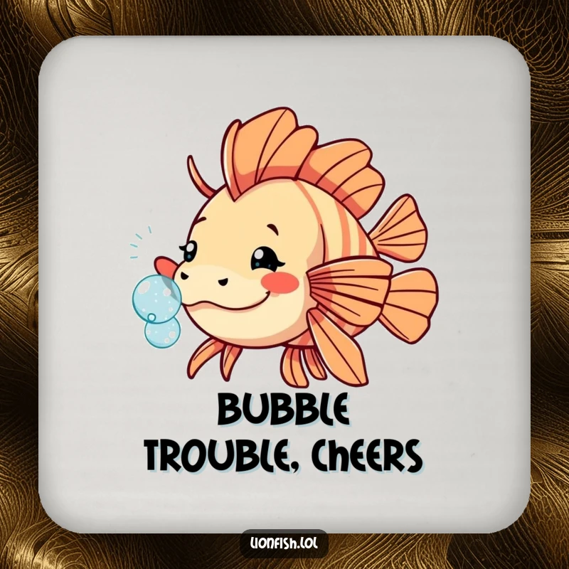 Funny playful lionfish coasters, protecting surfaces with a fish nudging a sparkling bubble, adding a touch of whimsical flair.