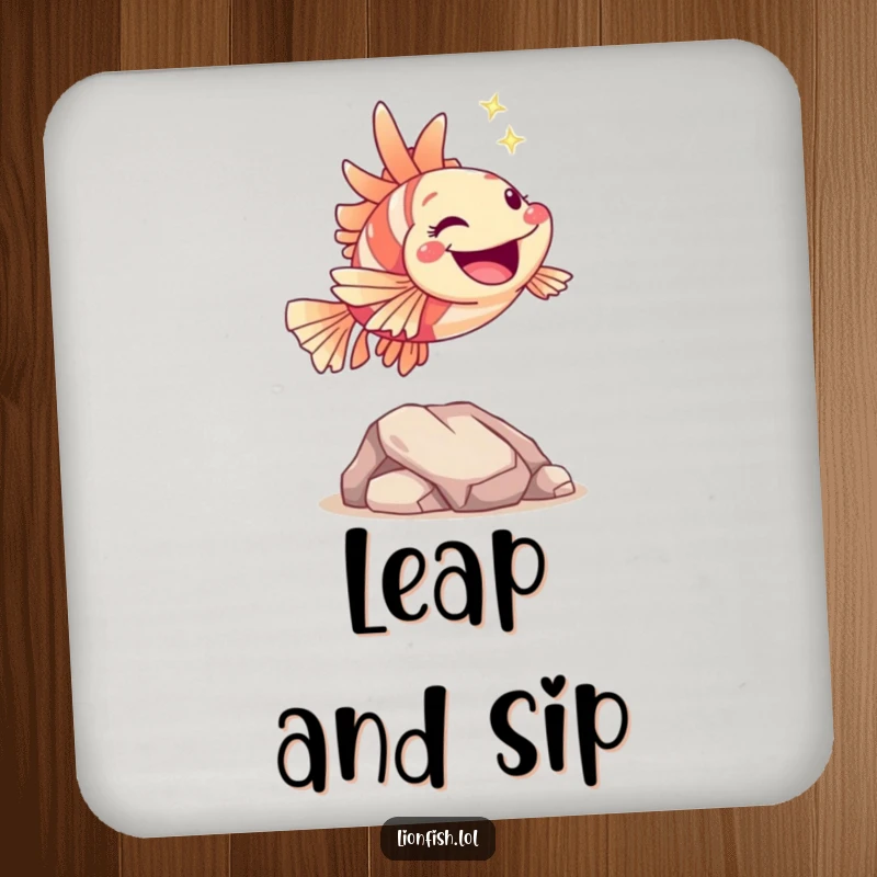 Funny hopping lionfish coaster, illustrating a joyful character leaping over a rock with a sparkle, providing surface protection with a humorous theme.