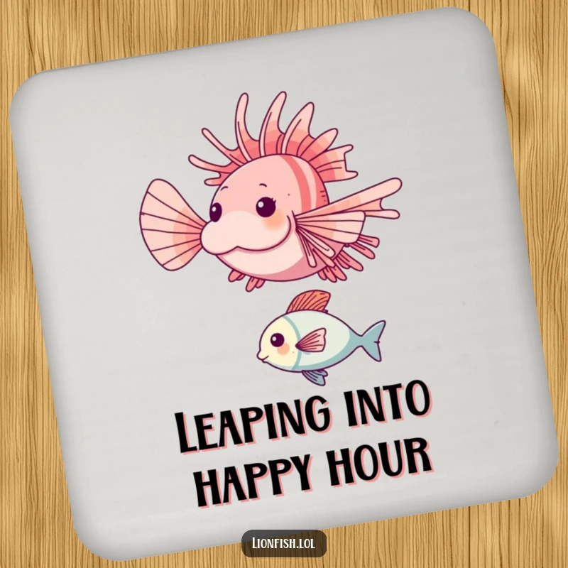 Funny lionfish drink coaster featuring a happy lionfish mid-leap over a smaller fish, protecting surfaces with energy.