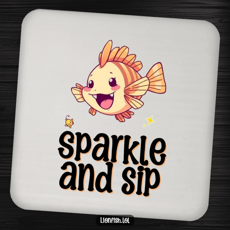 Funny cheerful lionfish coasters, protecting surfaces with a fish excitedly chasing a tiny twinkling speck, adding cheerful flair.