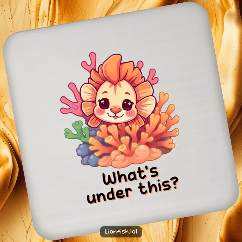 Funny curious lionfish coasters, protecting surfaces with a fish peeking from vibrant coral, adding a touch of playful intrigue.