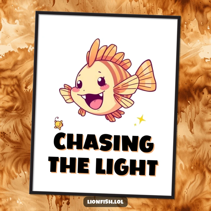 Funny cheerful lionfish poster, vibrant artwork of a fish chasing a tiny twinkling speck, symbolizing pure joy and excitement.