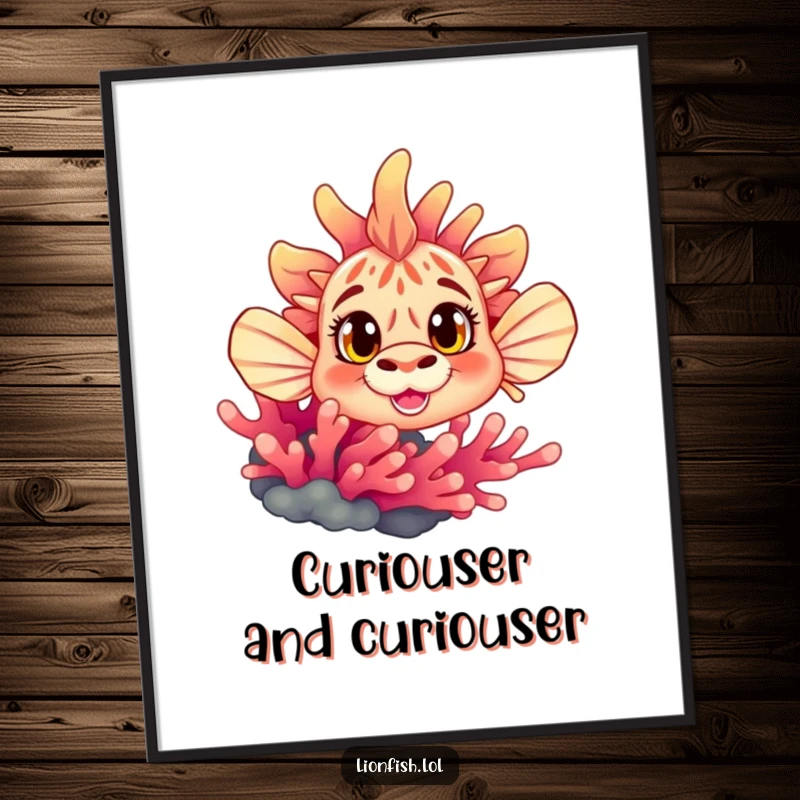 Funny curious lionfish poster, illustrating wide eyes peeking from behind vibrant coral, adding a humorous and captivating ocean-themed element to walls.