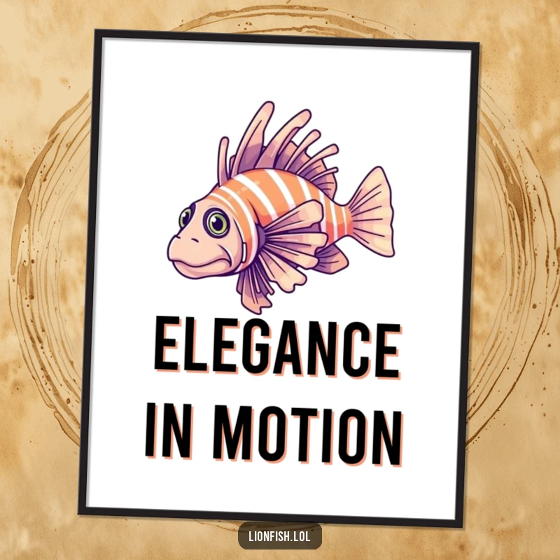 Funny determined lionfish poster, elegant artwork of a fish gliding through clear blue water, symbolizing focus and grace.